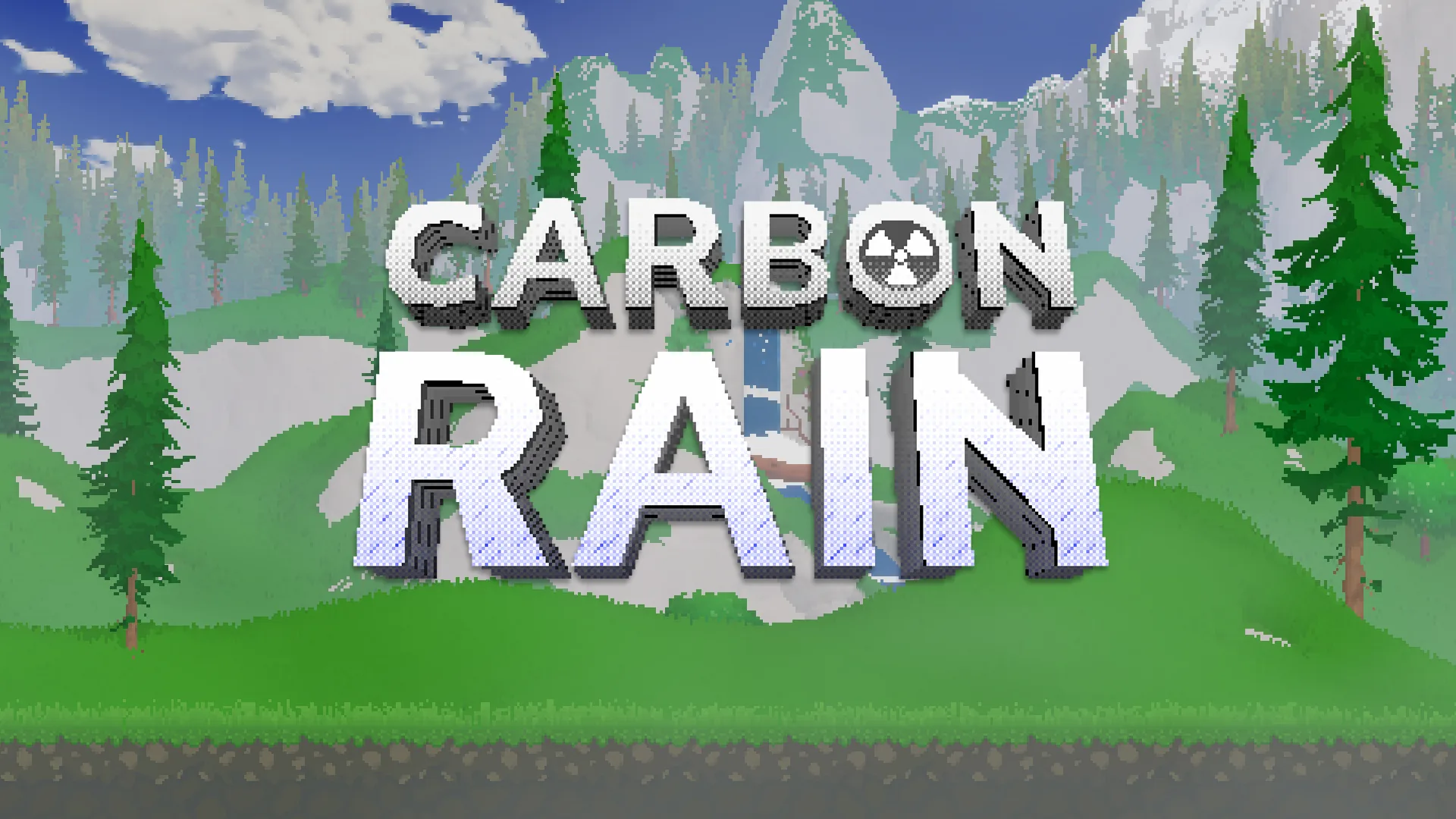 Carbon Rain logo over a pixel-art pine forest and snowy mountains